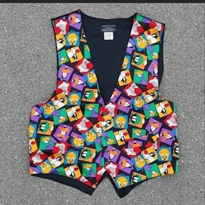 VTG 1993 Looney Tunes Mania Silk Vest Medium Warner Bros Cartoon Print Unisex M